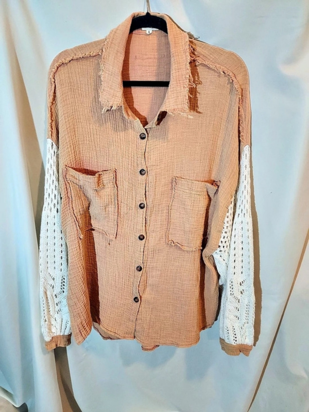 POL Oversized Gauze Crochet Lace Button Down Shirt Terracotta Sz L Boho